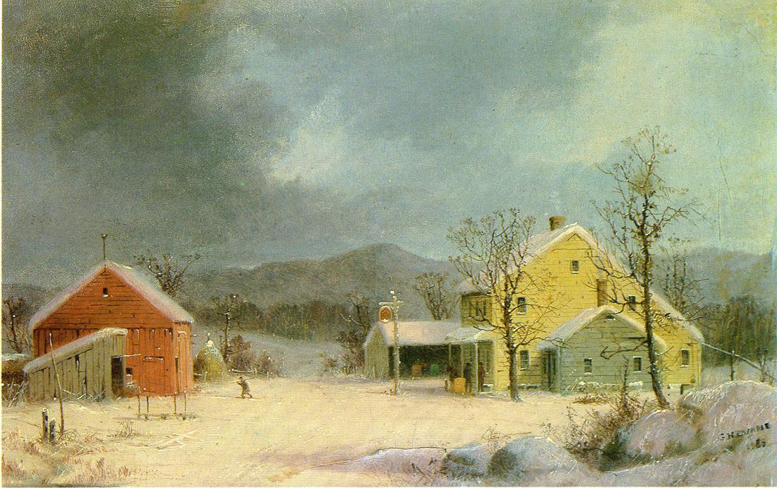 WikiOO.org - Encyclopedia of Fine Arts - Festés, Grafika George Henry Durrie - Yellow Farmhouse in Winter