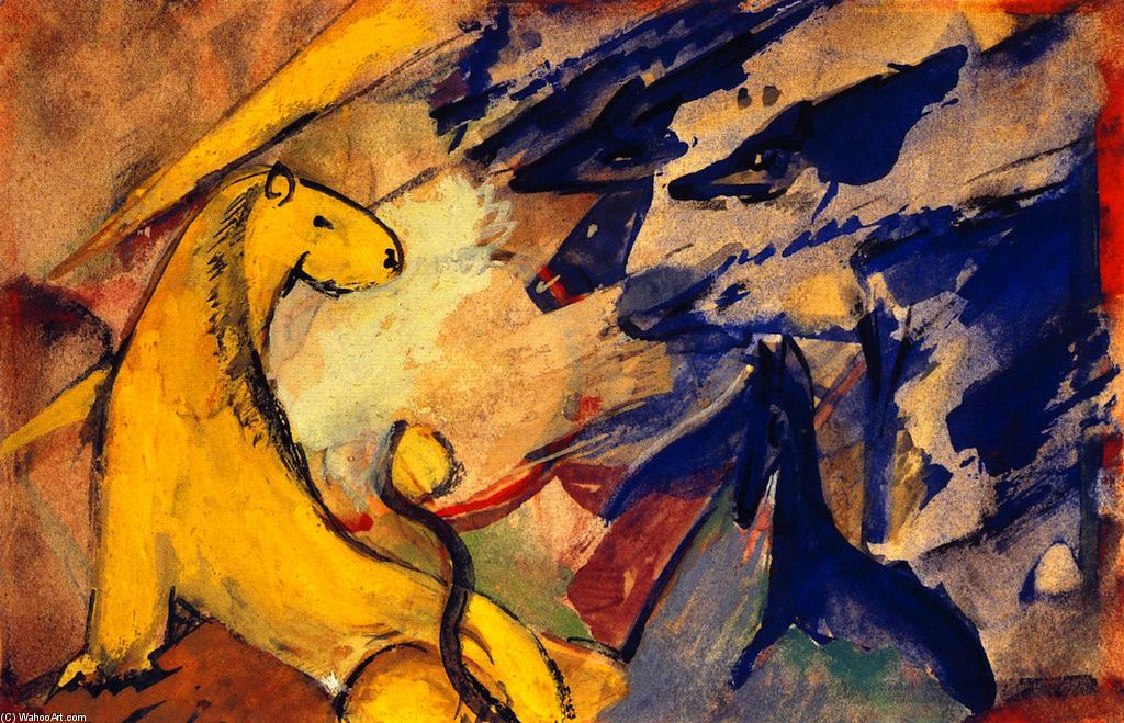 Wikioo.org - The Encyclopedia of Fine Arts - Painting, Artwork by Franz Marc - Yellow Lion, Blue Foxes, Blue Horse