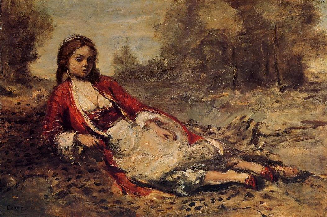 WikiOO.org - Encyclopedia of Fine Arts - Maleri, Artwork Jean Baptiste Camille Corot - Young Algerian Woman Lying on the Grass
