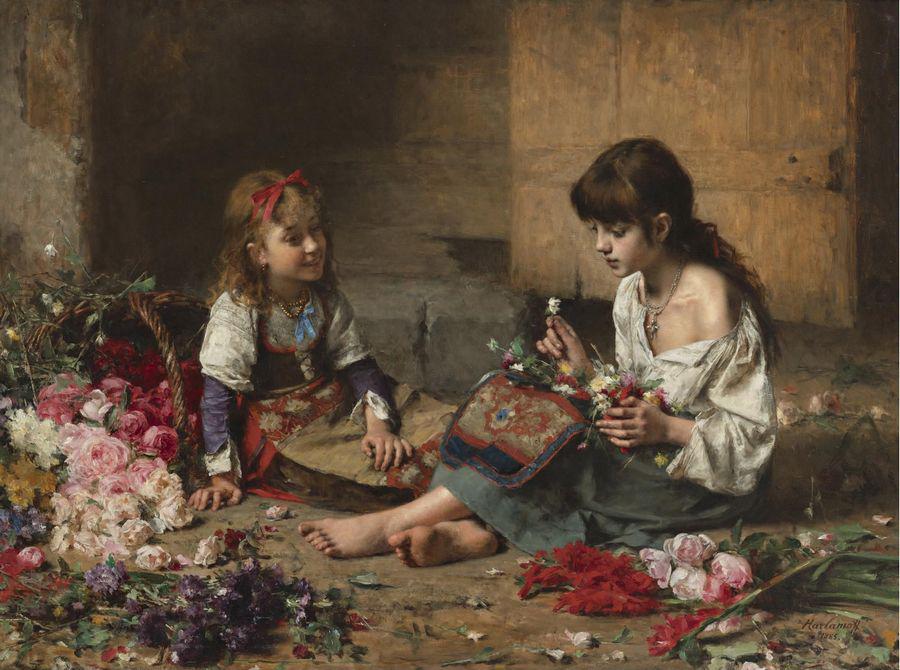 WikiOO.org - Encyclopedia of Fine Arts - Festés, Grafika Alexei Alexeievich Harlamoff - Young Flower Girls