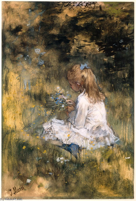 Wikioo.org - The Encyclopedia of Fine Arts - Painting, Artwork by Jacob Henricus Maris - Young Girl (Artist's Daughter) picking Flowers in the Grass