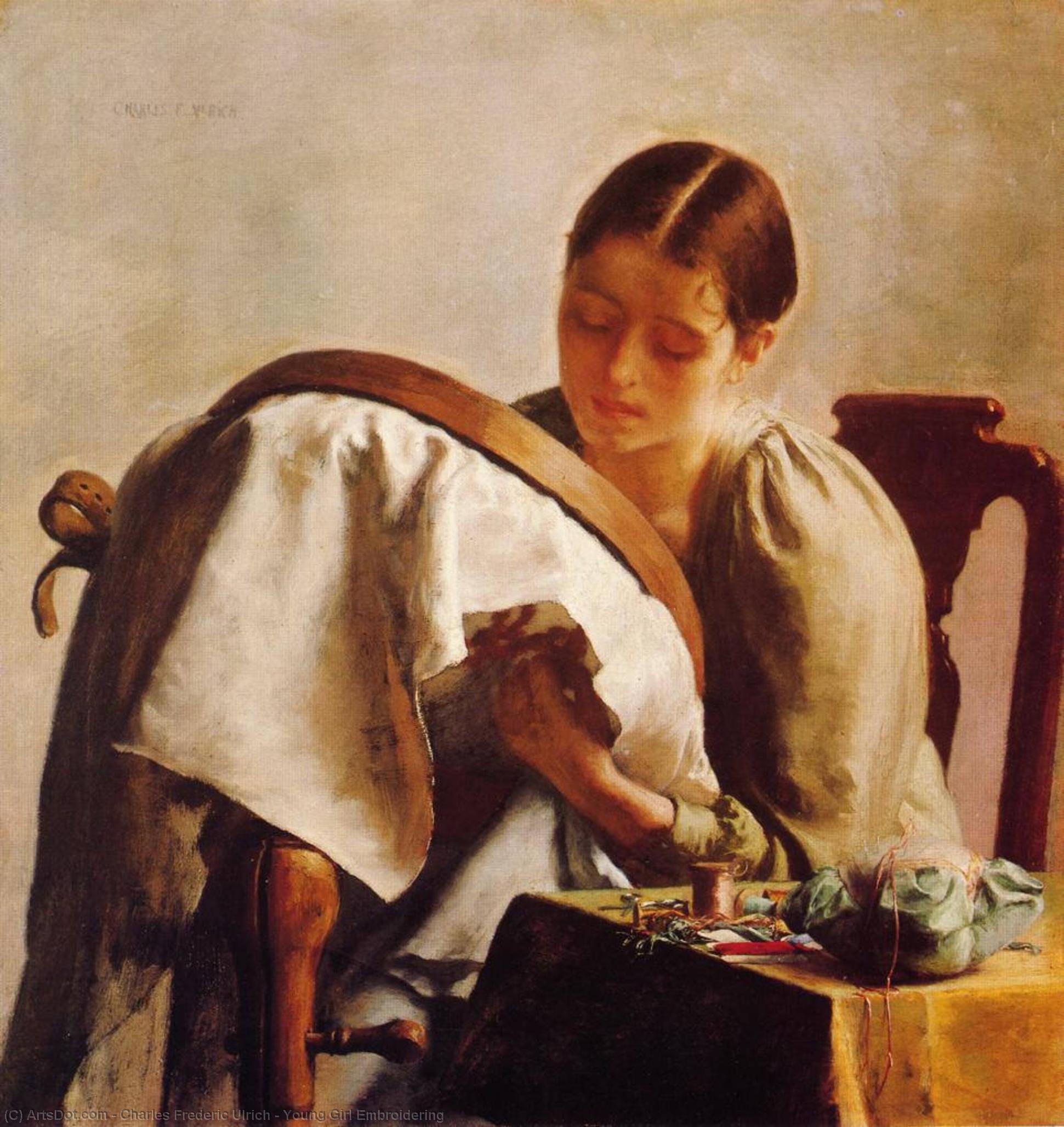 WikiOO.org - Encyclopedia of Fine Arts - Maleri, Artwork Charles Frederic Ulrich - Young Girl Embroidering
