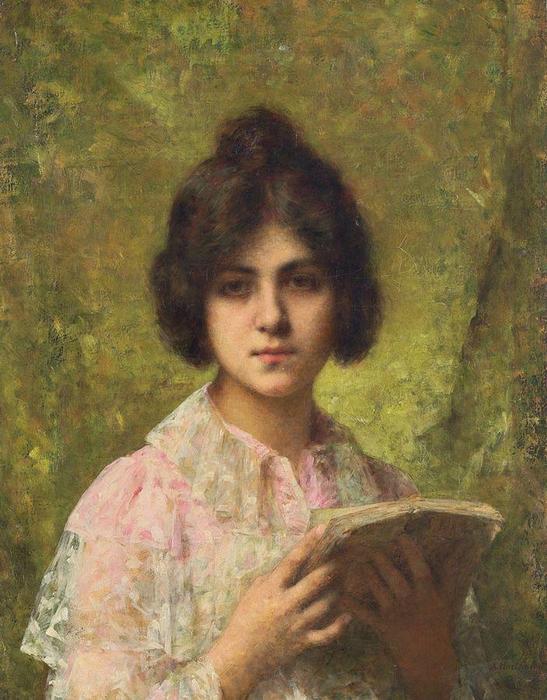 Wikioo.org - The Encyclopedia of Fine Arts - Painting, Artwork by Alexei Alexeievich Harlamoff - Young Girl Holding a Book