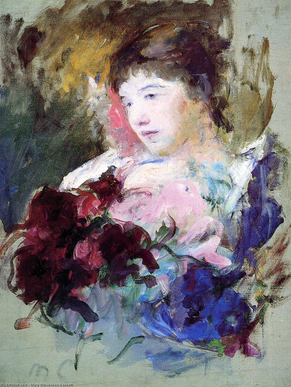 Wikioo.org - The Encyclopedia of Fine Arts - Painting, Artwork by Mary Stevenson Cassatt - Young Girl Holding a Loose Bouquet