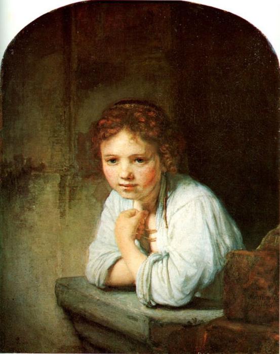 Wikioo.org – La Enciclopedia de las Bellas Artes - Pintura, Obras de arte de Rembrandt Van Rijn - niña joven para  el  ventana