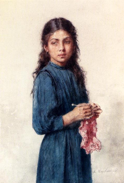 Wikioo.org – La Enciclopedia de las Bellas Artes - Pintura, Obras de arte de Alexei Alexeievich Harlamoff - Una chica joven que hace punto