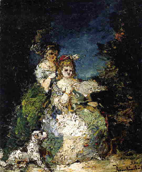 Wikioo.org - The Encyclopedia of Fine Arts - Painting, Artwork by Adolphe Joseph Thomas Monticelli - Young Girls and Dog in a Park