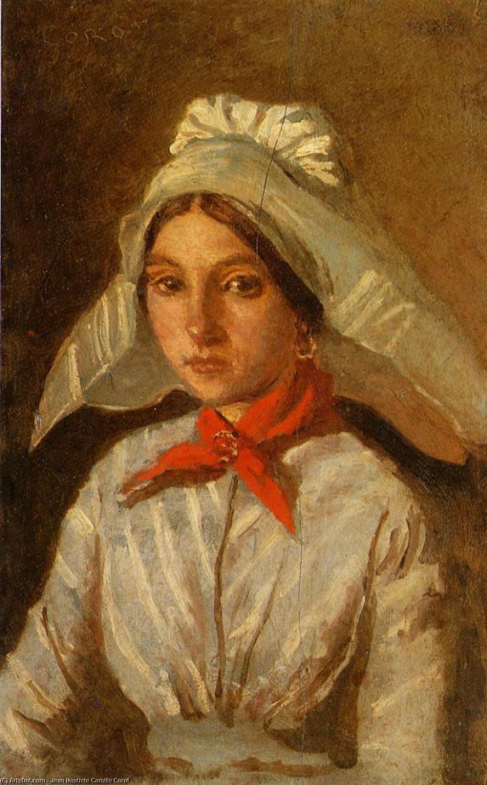 Wikioo.org - The Encyclopedia of Fine Arts - Painting, Artwork by Jean Baptiste Camille Corot - Young Girl with a Large Cap on Her Head