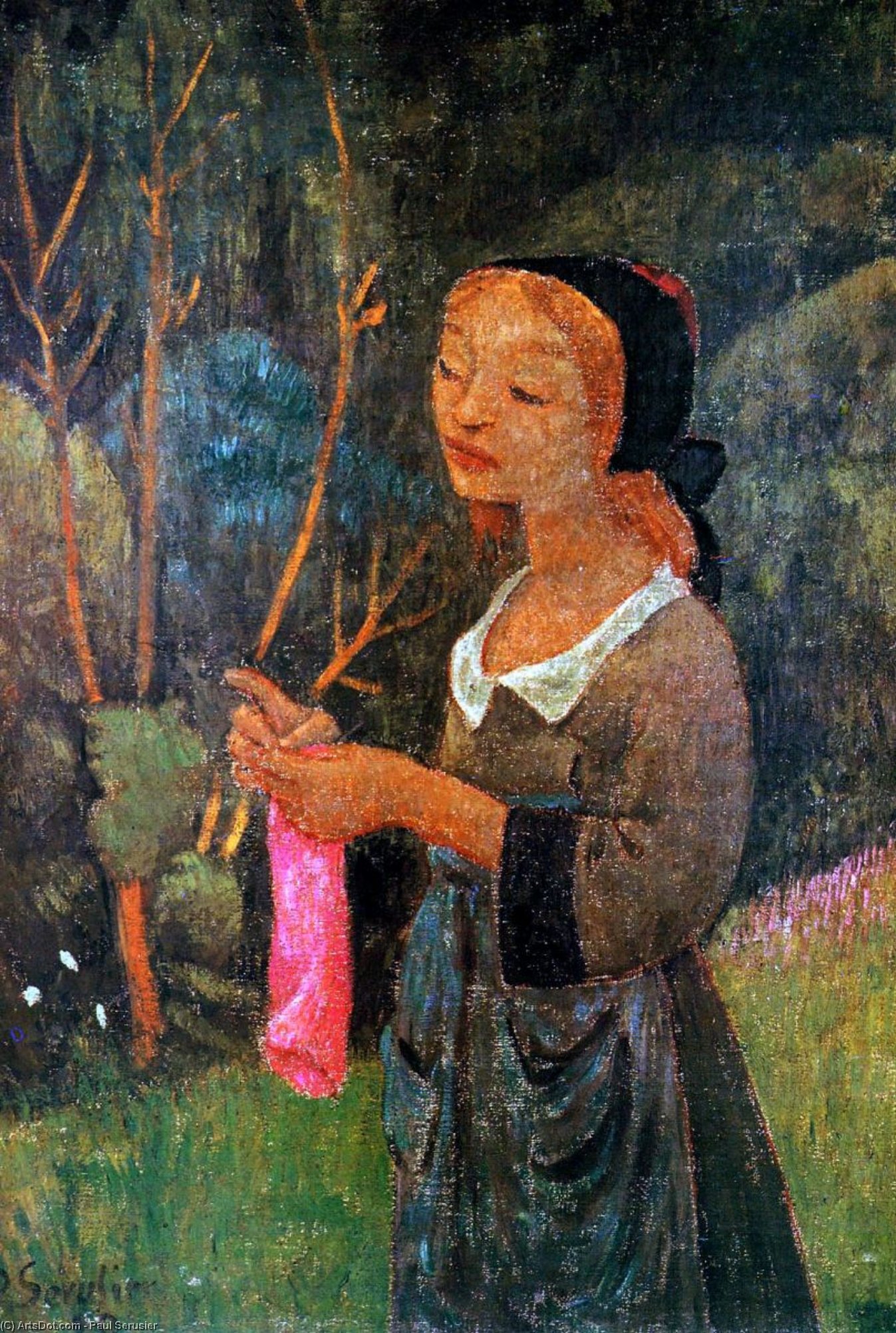 Wikoo.org - موسوعة الفنون الجميلة - اللوحة، العمل الفني Paul Serusier - Young Girl with a Pink Stocking (also known as Young Breton Knitting)