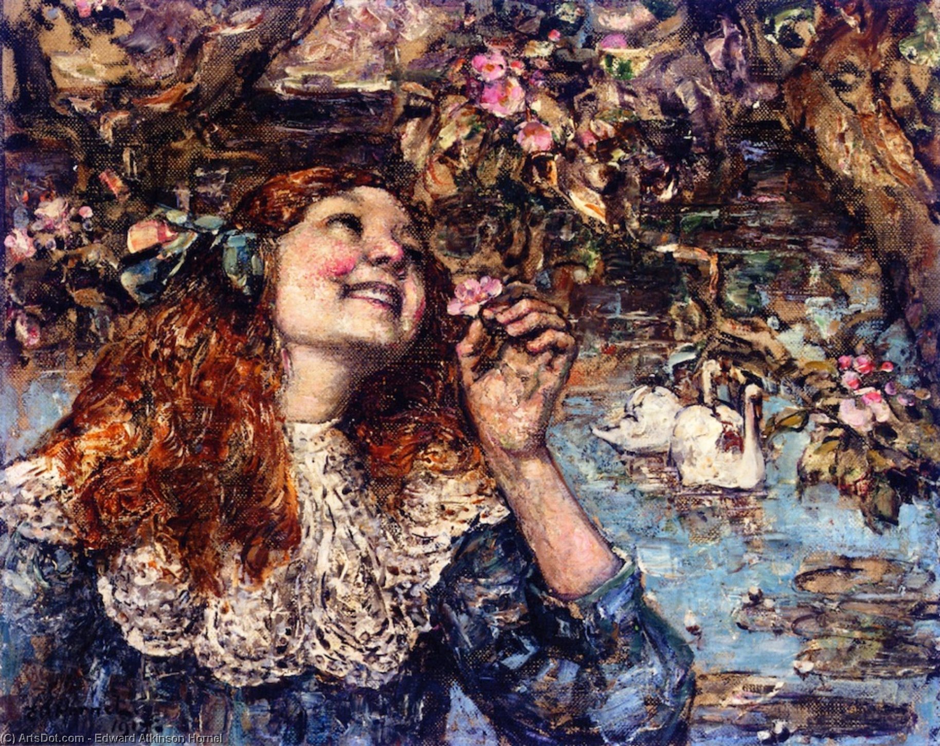Wikioo.org - The Encyclopedia of Fine Arts - Painting, Artwork by Edward Atkinson Hornel - A Young Girl with Swans