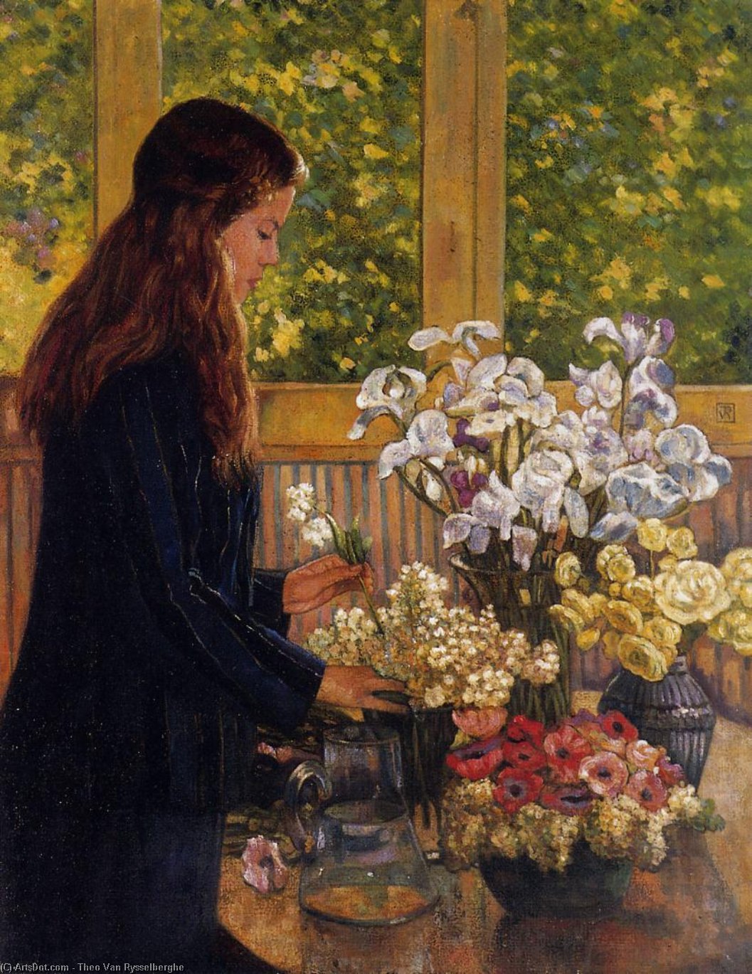 WikiOO.org – 美術百科全書 - 繪畫，作品 Theo Van Rysselberghe - 年轻的女孩 与  一个  花瓶  的  花儿