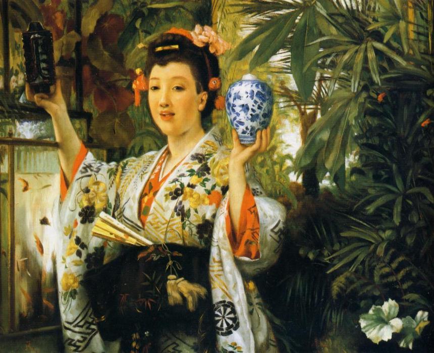 WikiOO.org - دایره المعارف هنرهای زیبا - نقاشی، آثار هنری James Jacques Joseph Tissot - Young Lady Holding Japanese Objects