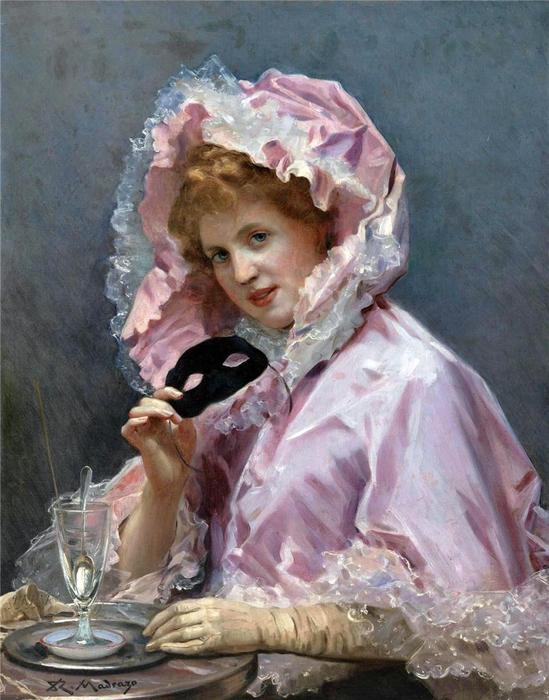 Wikioo.org - The Encyclopedia of Fine Arts - Painting, Artwork by Raimundo De Madrazo Y Garreta - Young Lady with a Mask and Glass of Absinthe