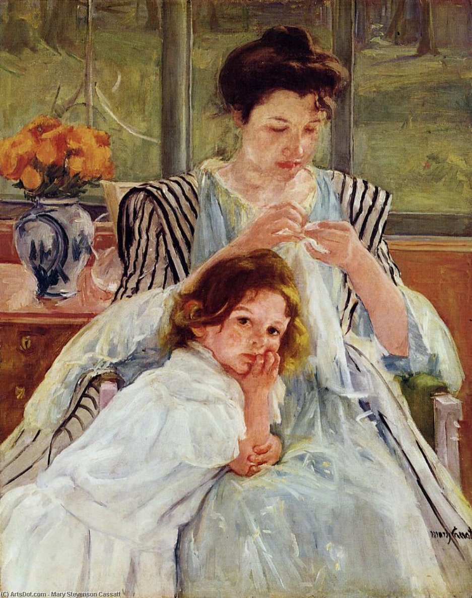 WikiOO.org - 百科事典 - 絵画、アートワーク Mary Stevenson Cassatt - 若い母親ソーイング