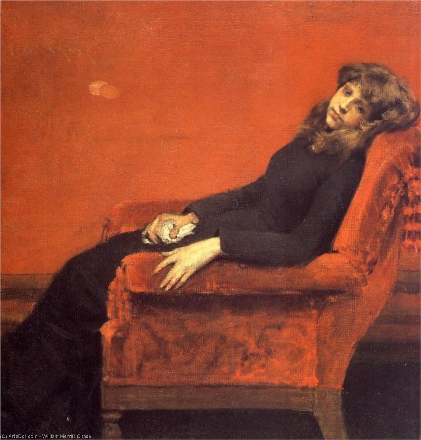 Wikioo.org - The Encyclopedia of Fine Arts - Painting, Artwork by William Merritt Chase - The Young Orphan, Study of a Young Girl (also known as At Her Ease)