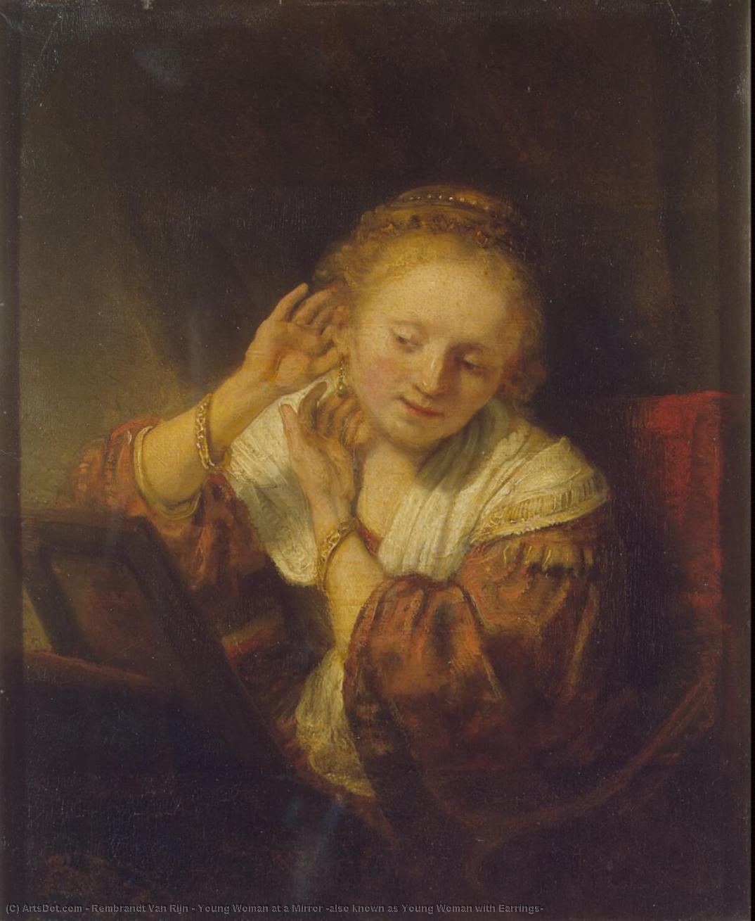 Wikioo.org - Die Enzyklopädie bildender Kunst - Malerei, Kunstwerk von Rembrandt Van Rijn - junge frau bei einem spiegel ( auch bekannt als junge frau mit ohrringe )