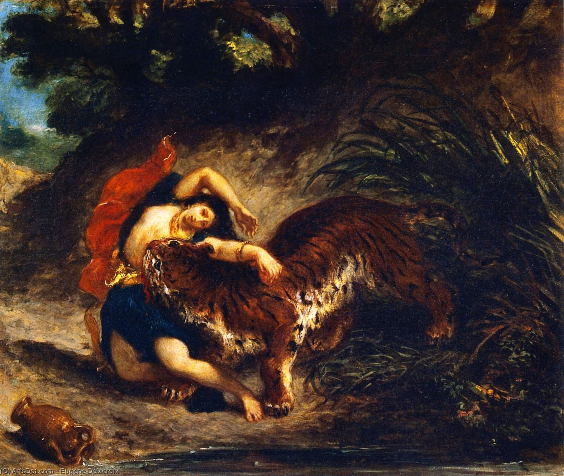 Wikioo.org - The Encyclopedia of Fine Arts - Painting, Artwork by Eugène Delacroix - Young Woman Attacked by a Tiger