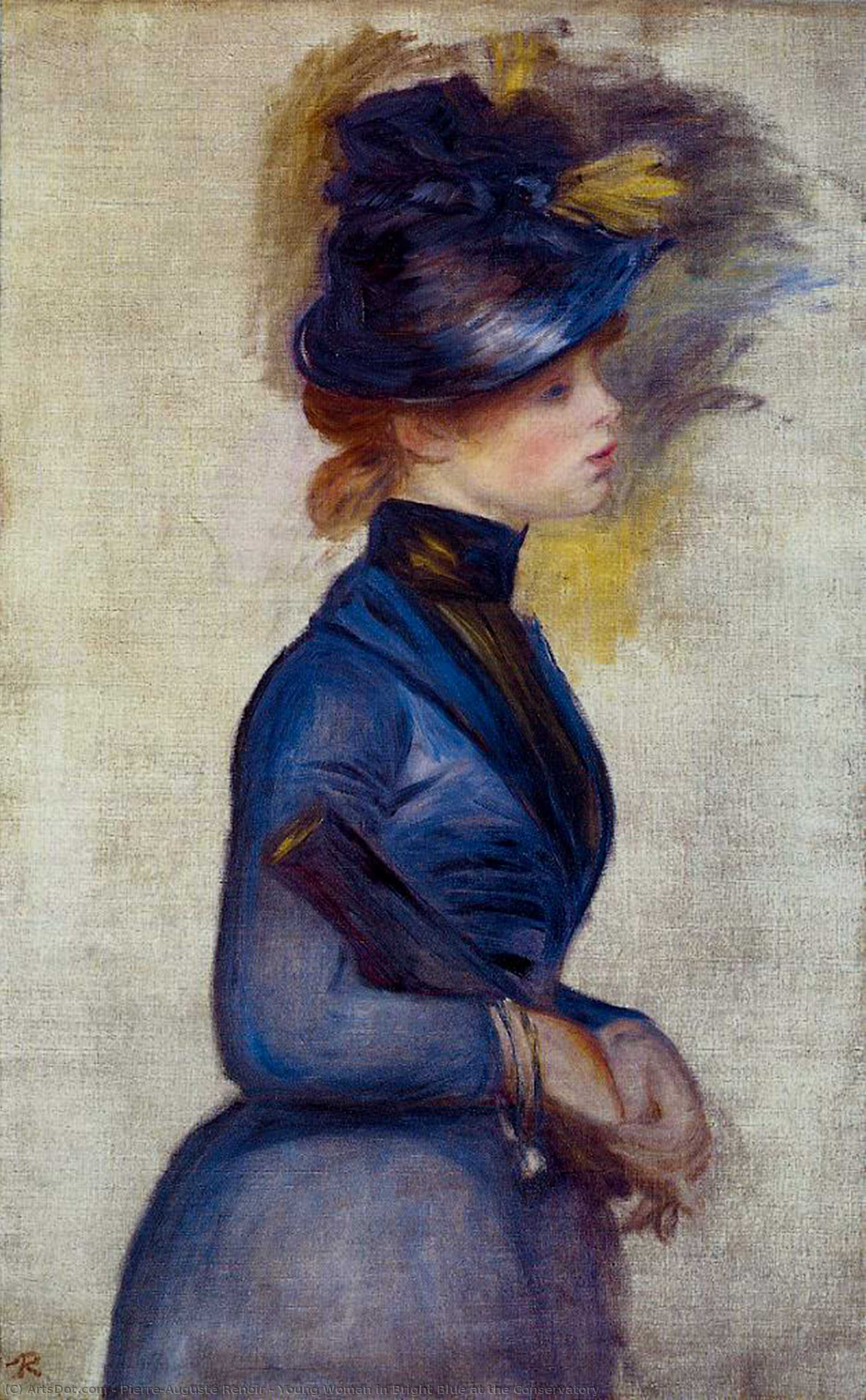 Wikoo.org - موسوعة الفنون الجميلة - اللوحة، العمل الفني Pierre-Auguste Renoir - Young Woman in Bright Blue at the Conservatory