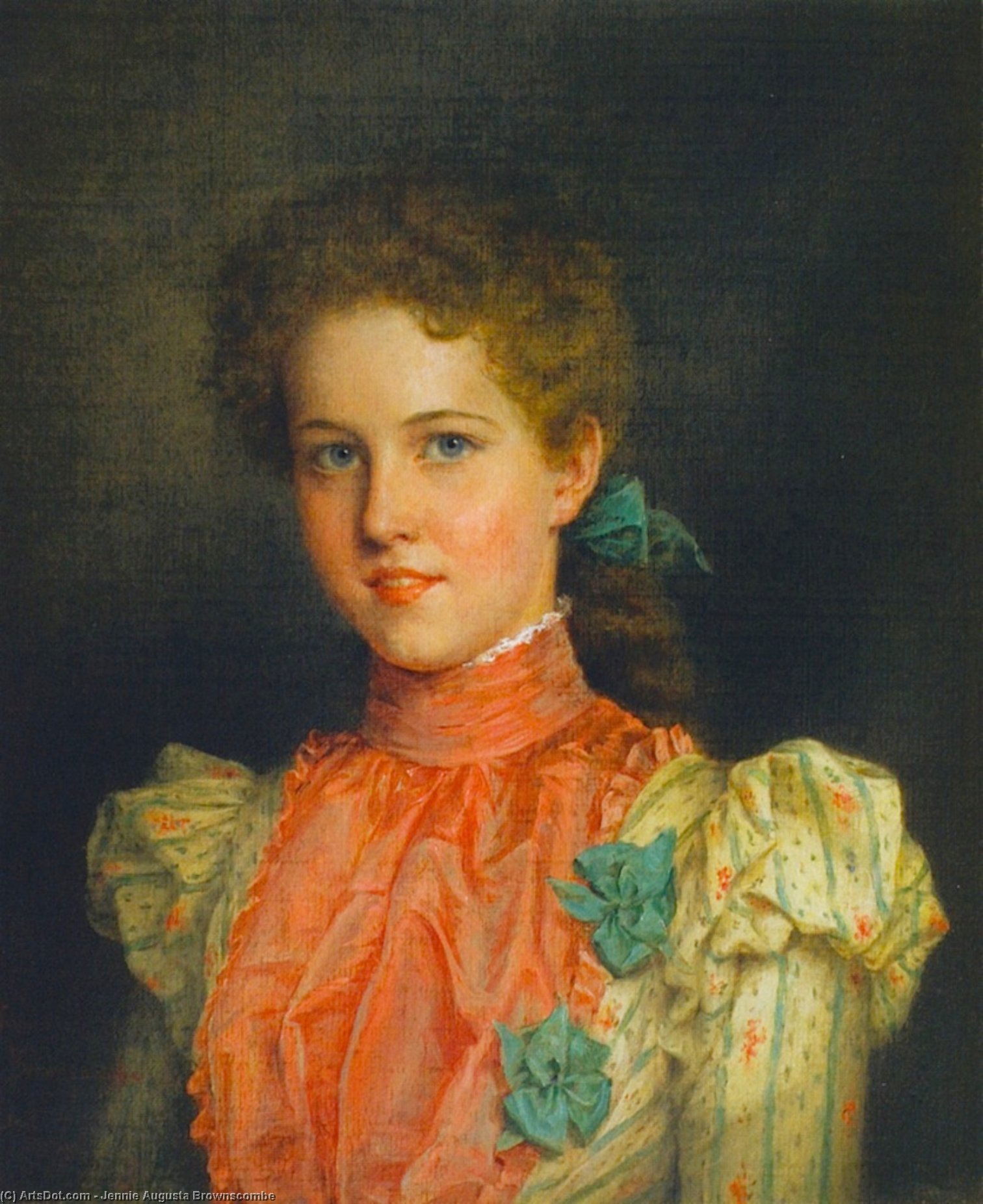 Wikioo.org - The Encyclopedia of Fine Arts - Painting, Artwork by Jennie Augusta Brownscombe - Young Woman in Pink and Green