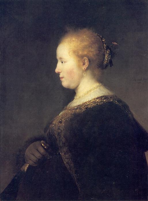 Wikioo.org – L'Encyclopédie des Beaux Arts - Peinture, Oeuvre de Rembrandt Van Rijn - un jeune femme dans  profil  avec  une  ventilateur