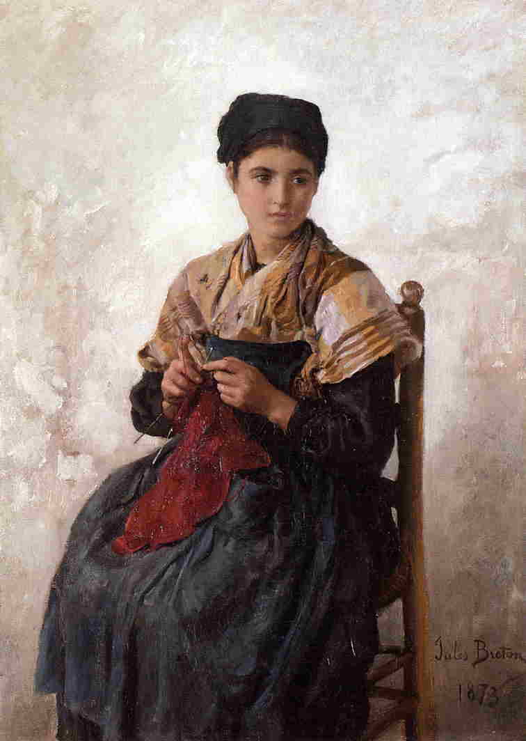 WikiOO.org - دایره المعارف هنرهای زیبا - نقاشی، آثار هنری Jules Adolphe Aimé Louis Breton - Young Woman Knitting