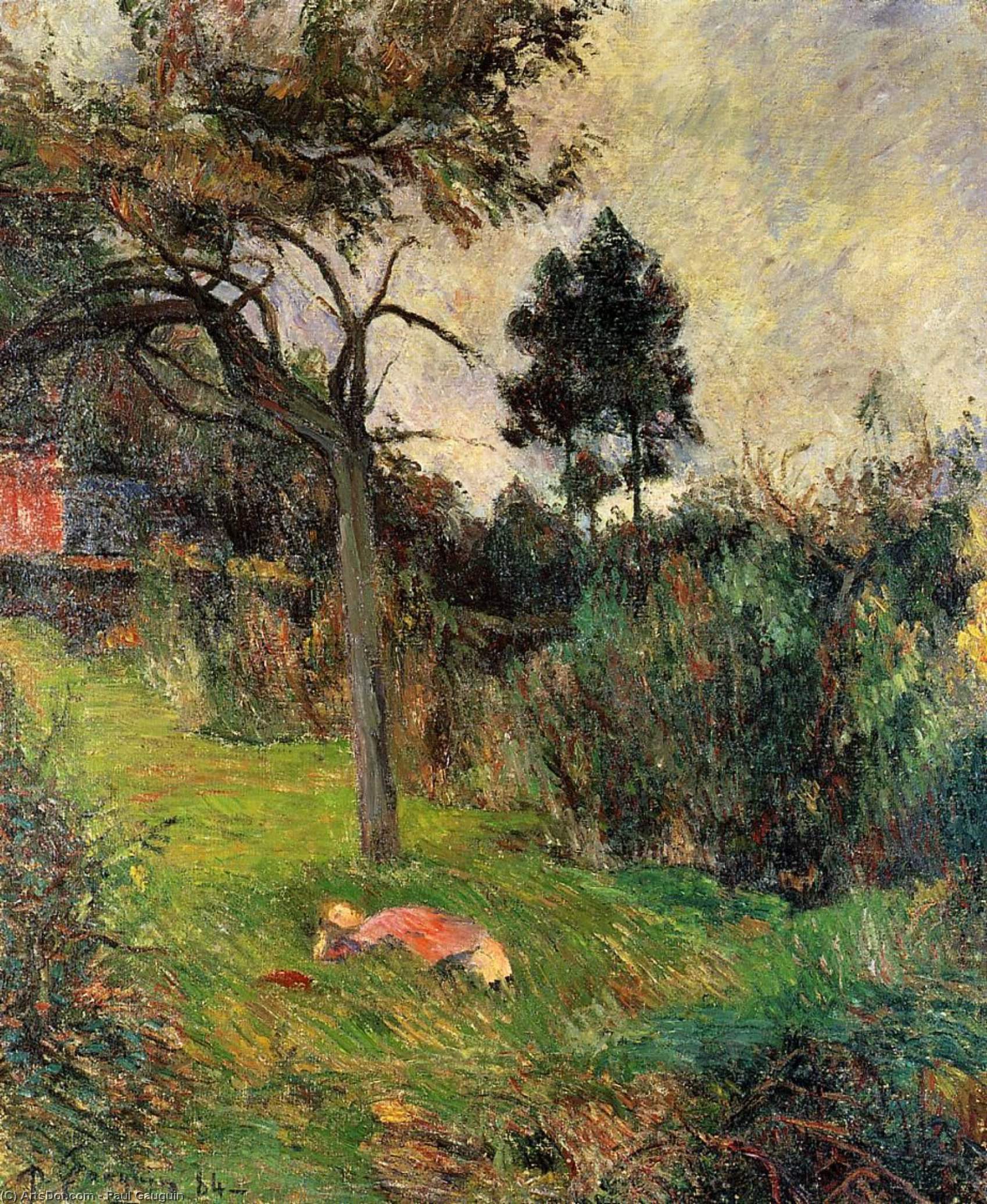 Wikioo.org – La Enciclopedia de las Bellas Artes - Pintura, Obras de arte de Paul Gauguin - Mujer joven que miente cómo  el  hierba