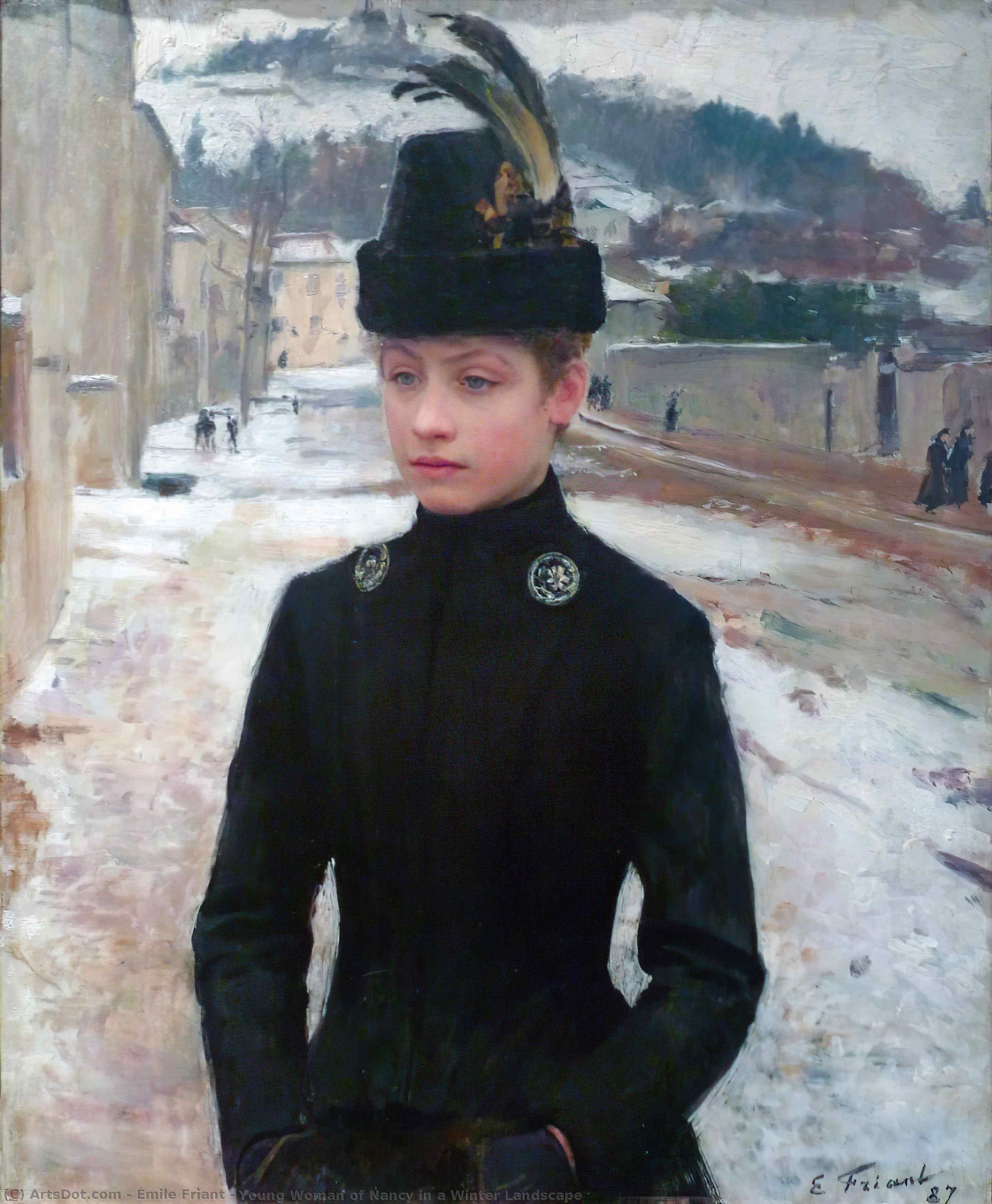 Wikoo.org - موسوعة الفنون الجميلة - اللوحة، العمل الفني Émile Friant - Young Woman of Nancy in a Winter Landscape