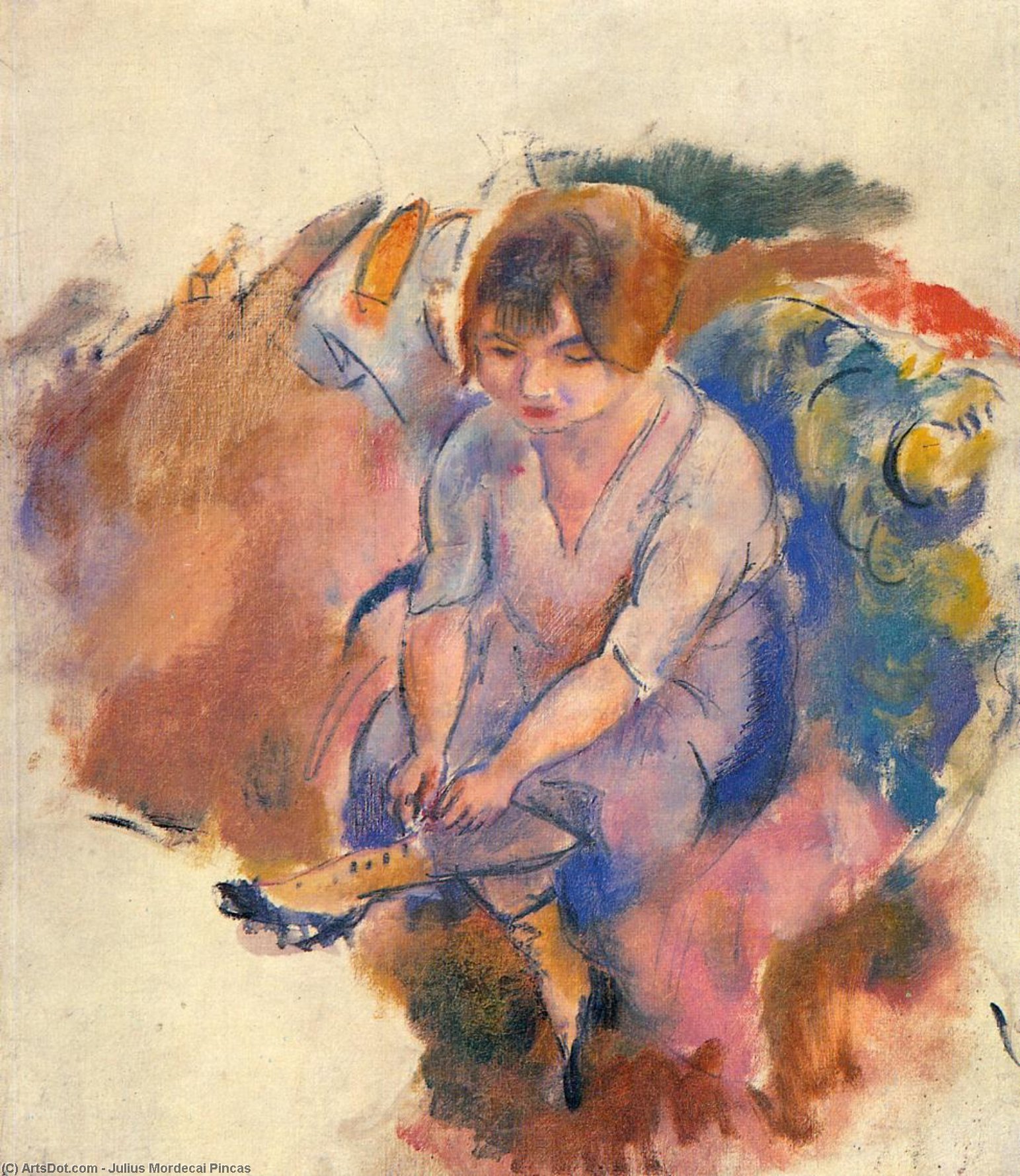 WikiOO.org - Enciklopedija dailės - Tapyba, meno kuriniai Julius Mordecai Pincas - Young Woman Putting on Her Socks