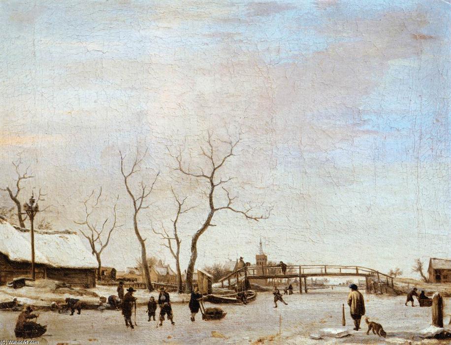 Wikioo.org - The Encyclopedia of Fine Arts - Painting, Artwork by Adriaen Van De Velde - Frozen Canal with Skaters and Hockey Players