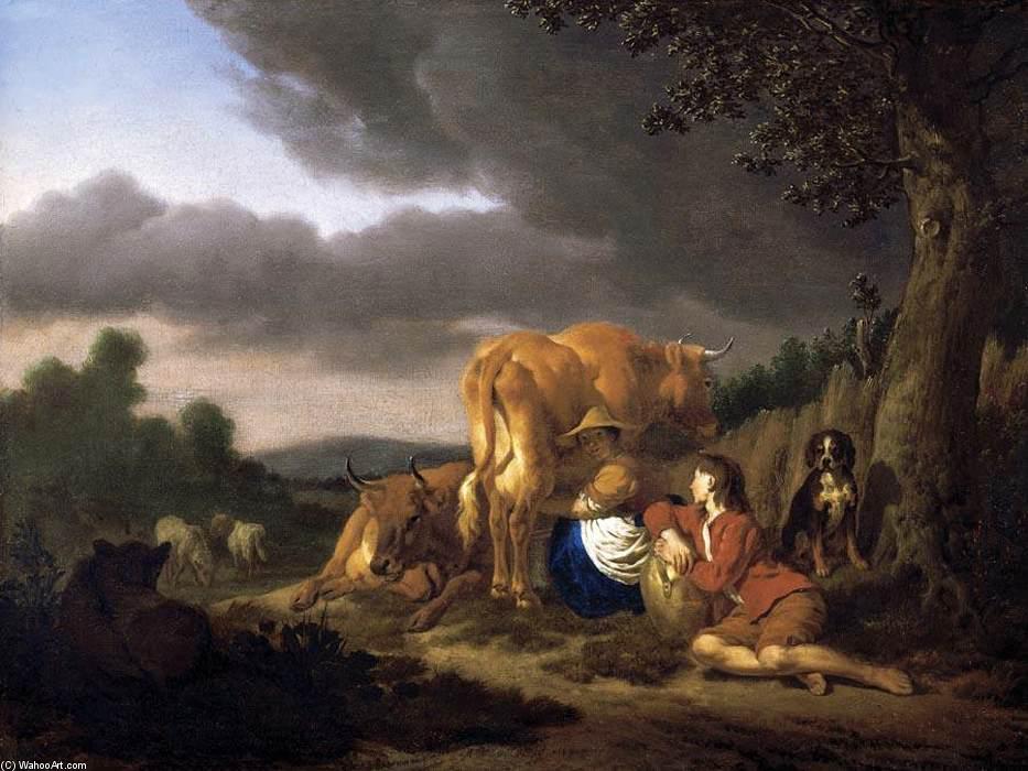 Wikioo.org - สารานุกรมวิจิตรศิลป์ - จิตรกรรม Adriaen Van De Velde - Milking a Cow
