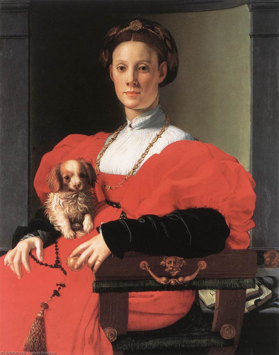 Wikoo.org - موسوعة الفنون الجميلة - اللوحة، العمل الفني Agnolo Bronzino - Portrait of a Lady with a Puppy