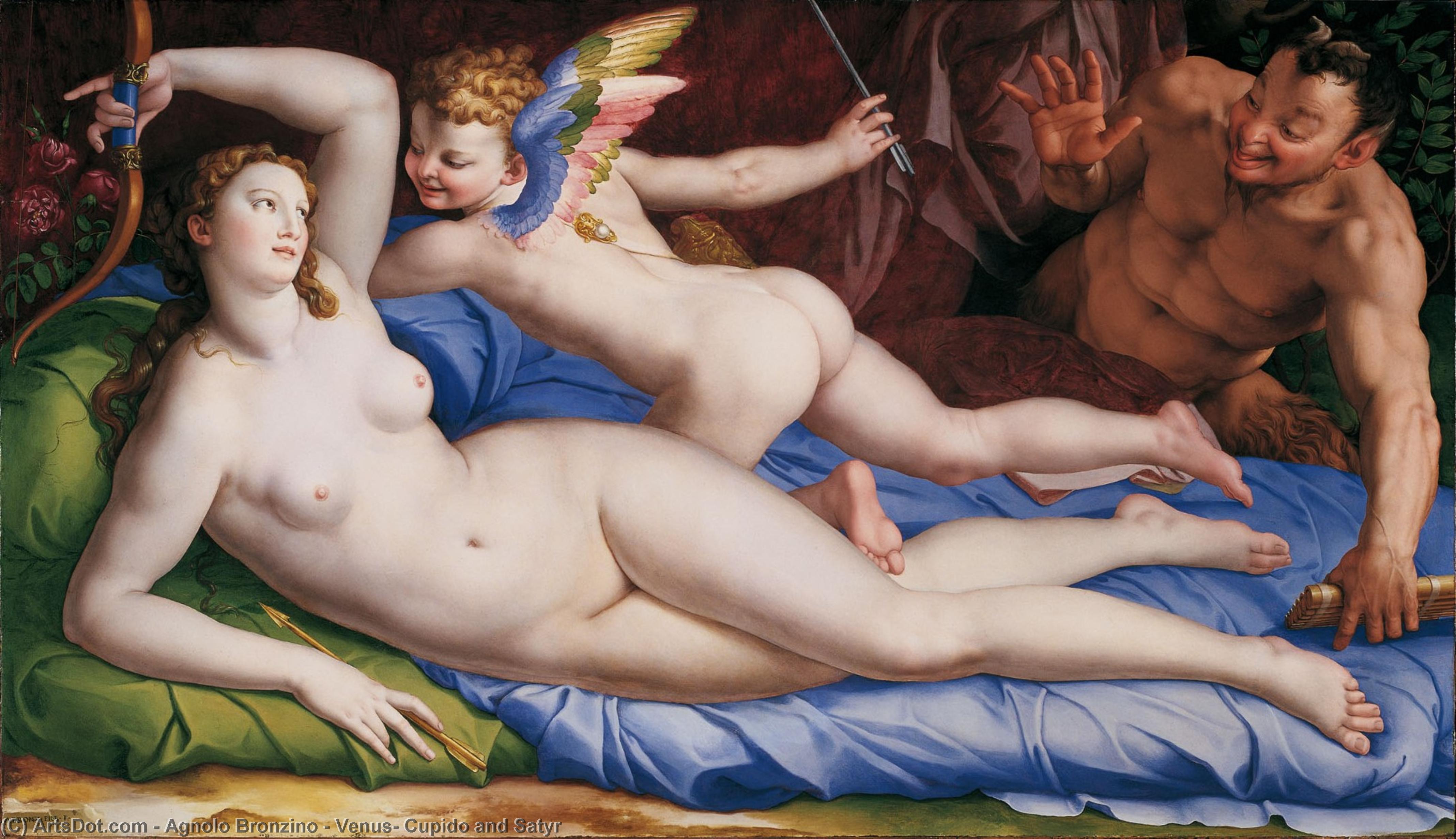 Wikioo.org – La Enciclopedia de las Bellas Artes - Pintura, Obras de arte de Agnolo Bronzino - Venus , cupido y sátiro