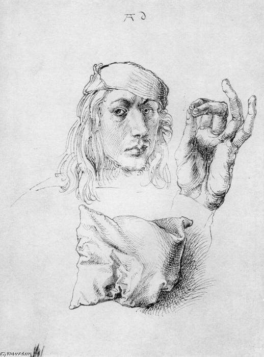 Wikioo.org - The Encyclopedia of Fine Arts - Painting, Artwork by Albrecht Durer - Study sheet with self-portrait, hand, and cushions