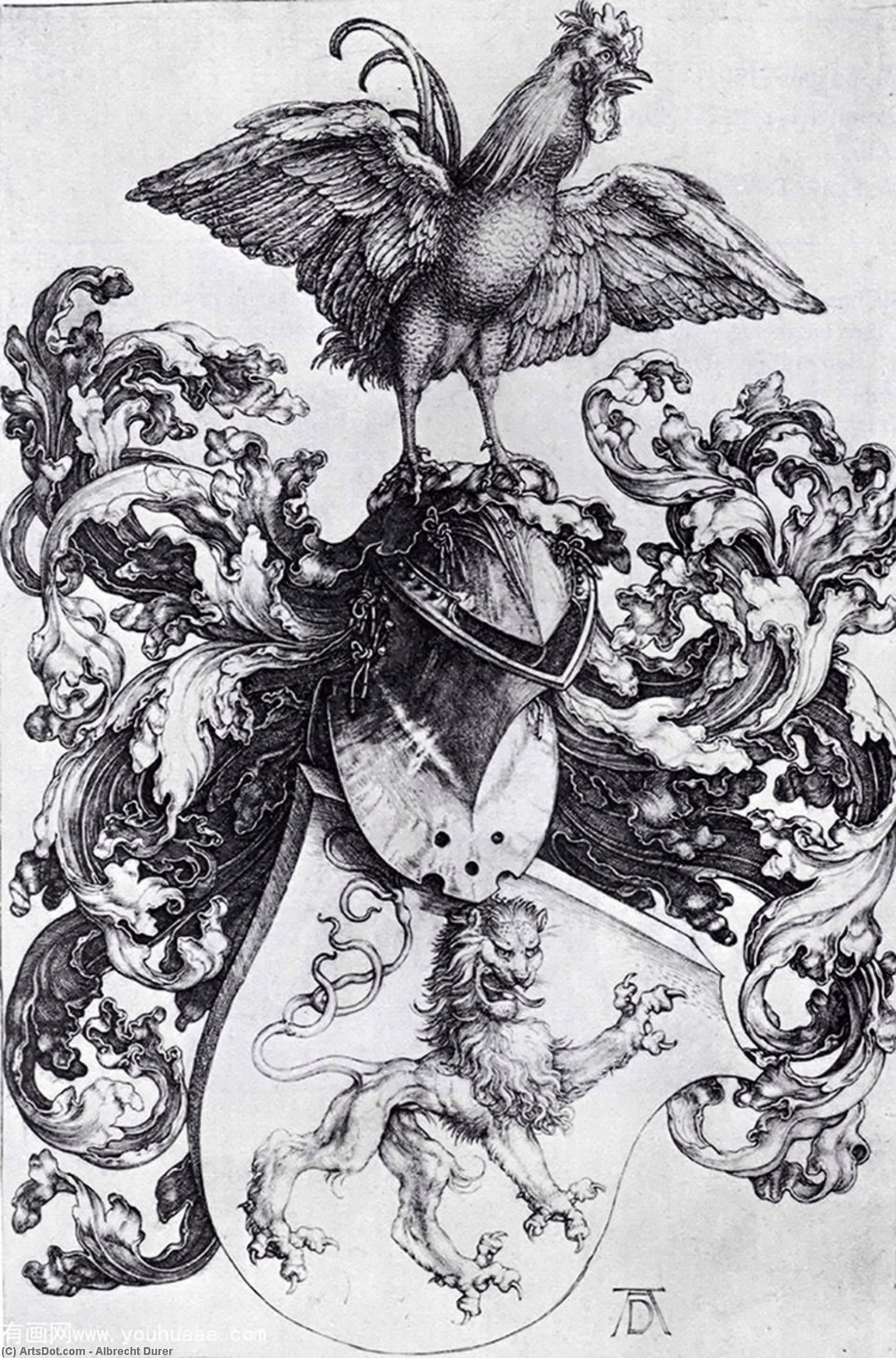 Wikioo.org – L'Enciclopedia delle Belle Arti - Pittura, Opere di Albrecht Durer - stemma con  Leone  e le  Gallo