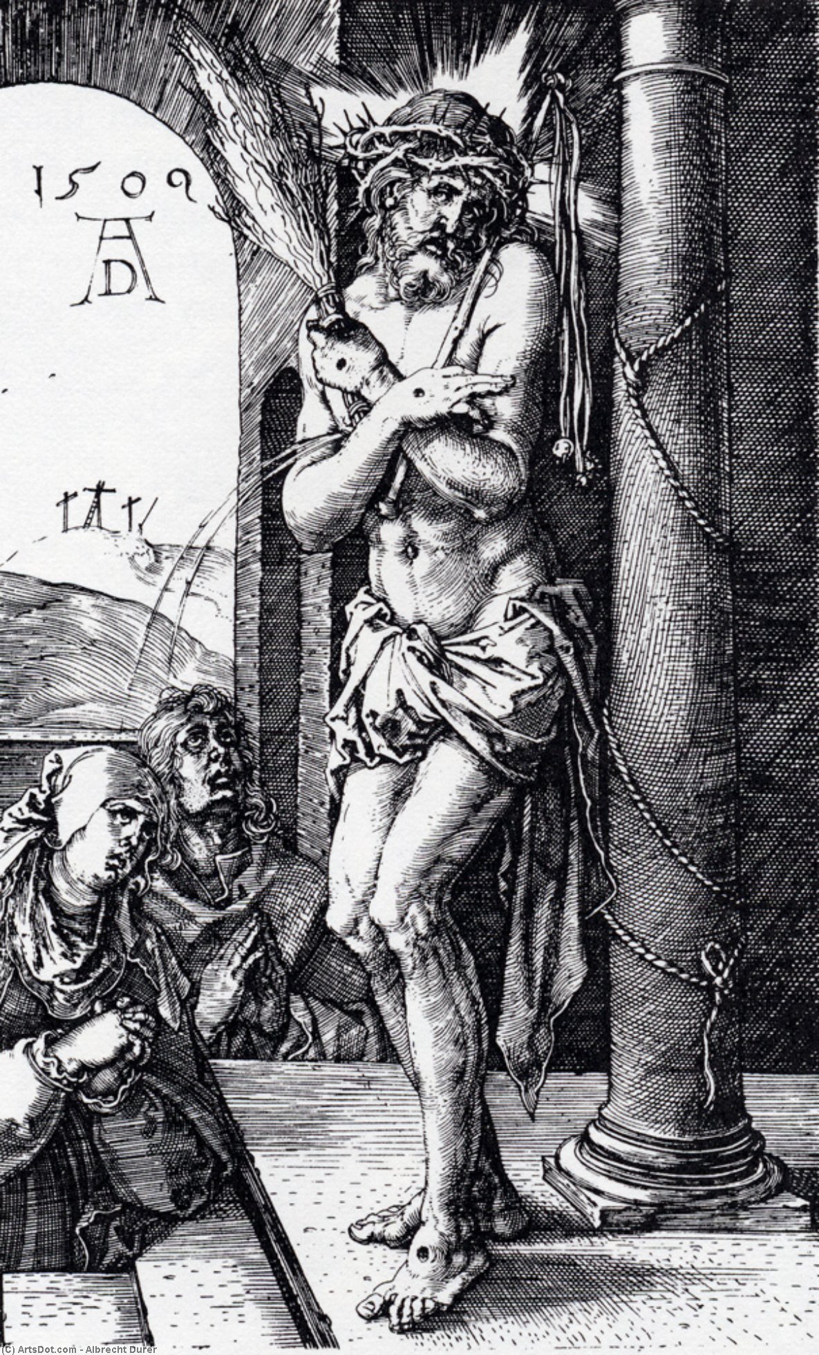 Wikioo.org - Bách khoa toàn thư về mỹ thuật - Vẽ tranh, Tác phẩm nghệ thuật Albrecht Durer - Man Of Sorrows By The Column (Engraved Passion)