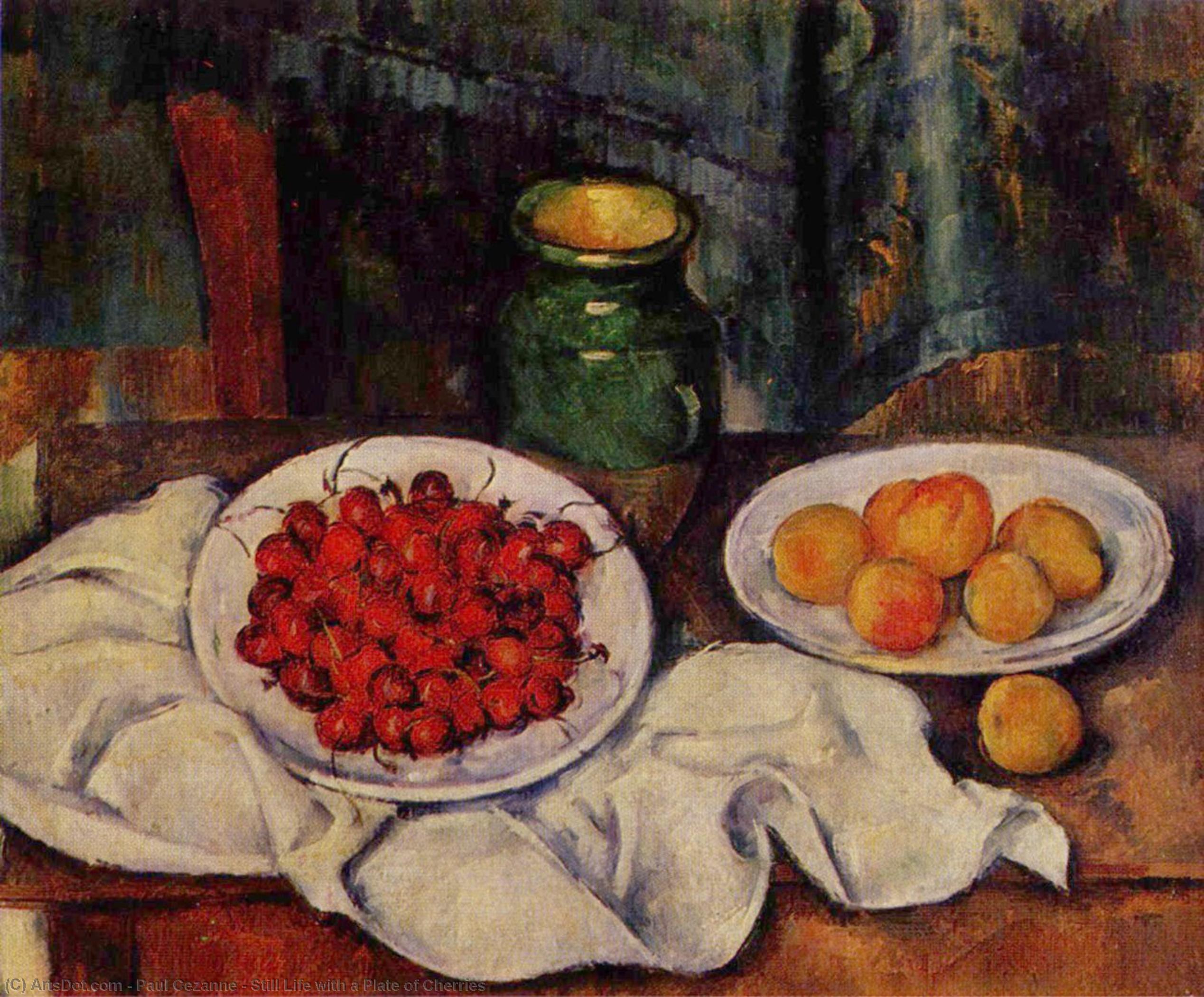 Wikioo.org – La Enciclopedia de las Bellas Artes - Pintura, Obras de arte de Paul Cezanne - bodegón con a plato todaclasede  cerezas