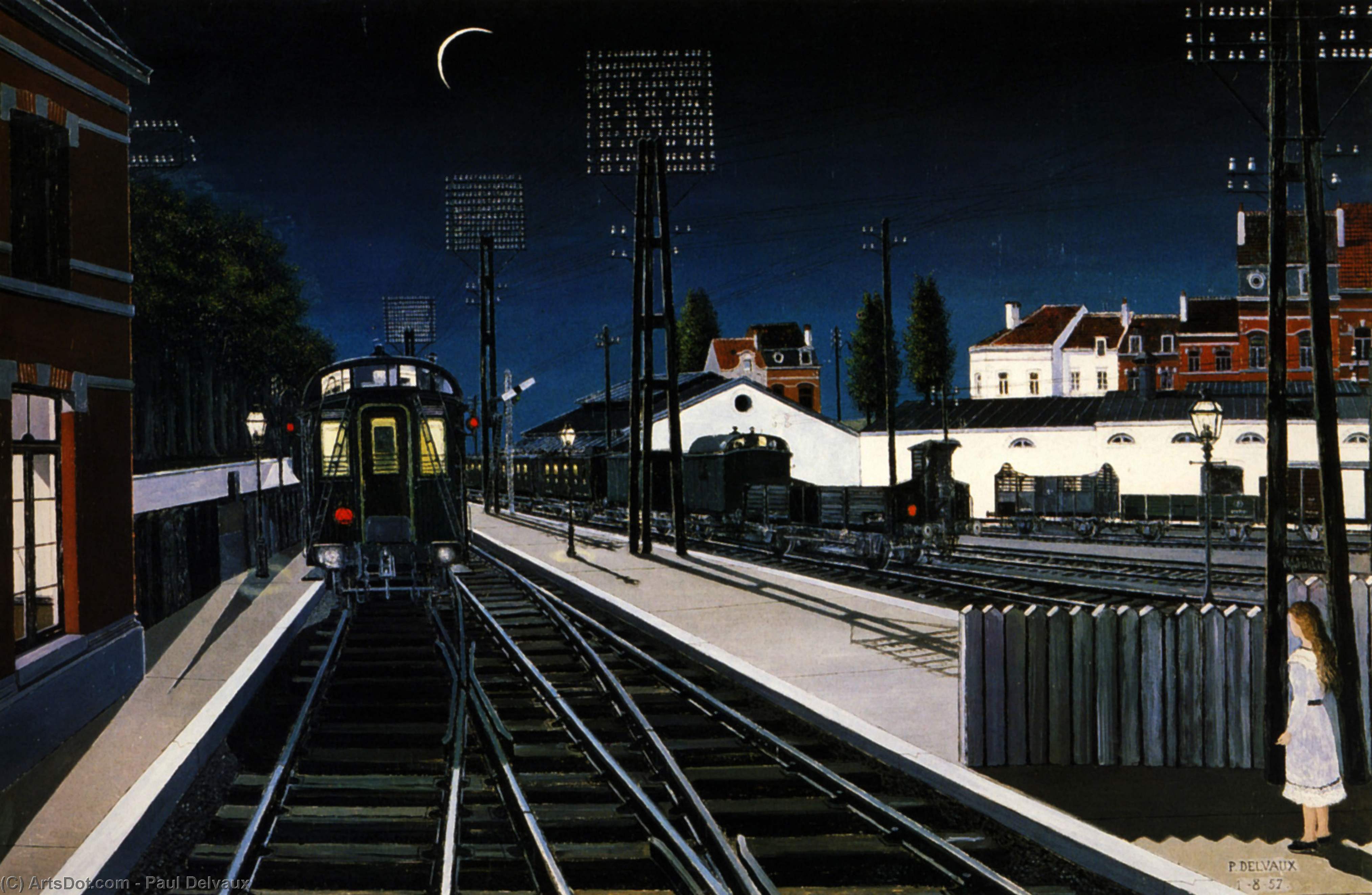 WikiOO.org - Encyclopedia of Fine Arts - Maalaus, taideteos Paul Delvaux - Train in Evening