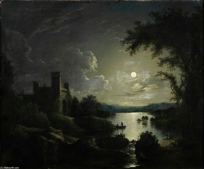 Wikioo.org - The Encyclopedia of Fine Arts - Painting, Artwork by Abraham Pether - A Castle And Lake By Moonlight