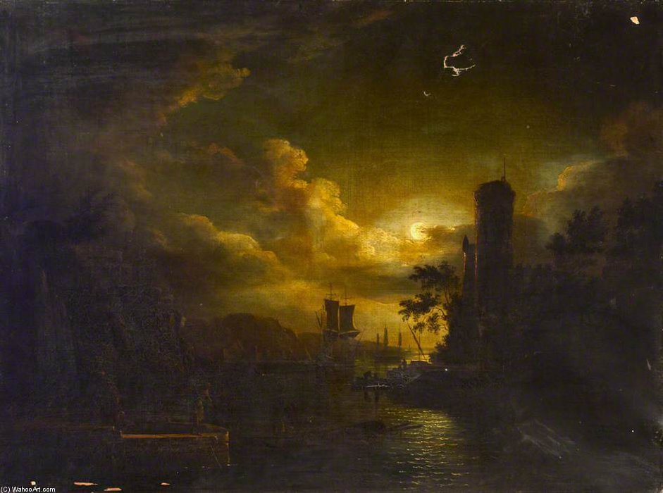 Wikioo.org - The Encyclopedia of Fine Arts - Painting, Artwork by Abraham Pether - Coast Scene By Moonlight