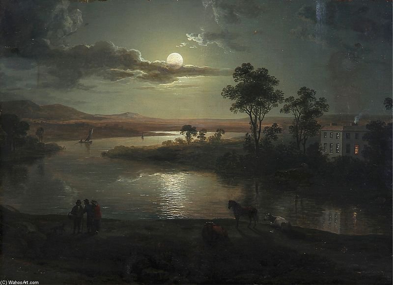 Wikioo.org - The Encyclopedia of Fine Arts - Painting, Artwork by Abraham Pether - Evening Scene With Full Moon And Persons