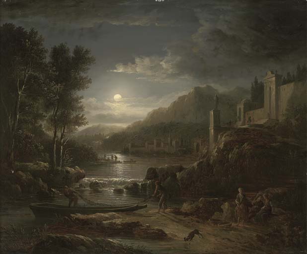 Wikioo.org - The Encyclopedia of Fine Arts - Painting, Artwork by Abraham Pether - Fishermen Along A River By Moonlight