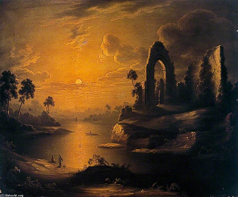 Wikioo.org - The Encyclopedia of Fine Arts - Painting, Artwork by Abraham Pether - Moonlit Landscape With Lake And Ruined Abbey