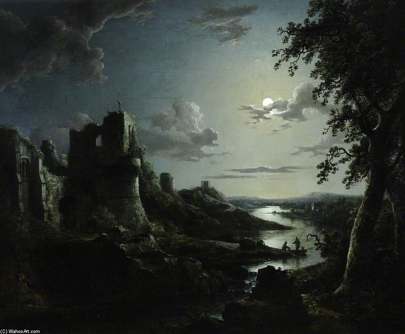 Wikioo.org - The Encyclopedia of Fine Arts - Painting, Artwork by Abraham Pether - View Of Pendragon Castle By Moonlight