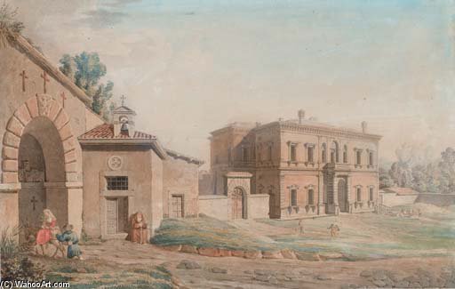 WikiOO.org – 美術百科全書 - 繪畫，作品 Bartolomeo Pinelli - `entry`  一  修道院, a  罗马  宫  在  背景