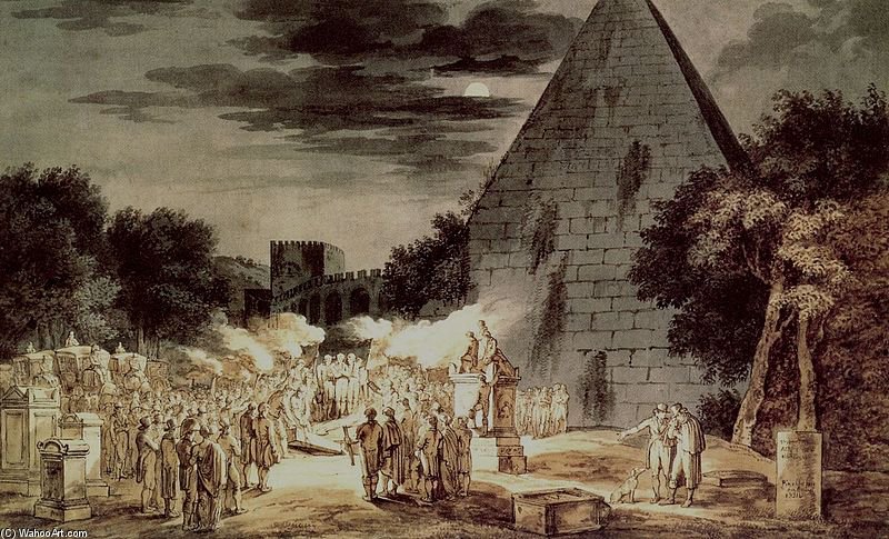 Wikioo.org - The Encyclopedia of Fine Arts - Painting, Artwork by Bartolomeo Pinelli - Naechtliche Bestattung An Der Pyramide Cestius