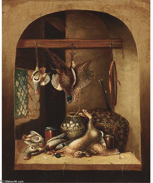 WikiOO.org - Encyclopedia of Fine Arts - Maalaus, taideteos Benjamin Blake - Game And A Barrel Of Oysters In A Larder; And Game And A Basket Of Eggs In A Larder