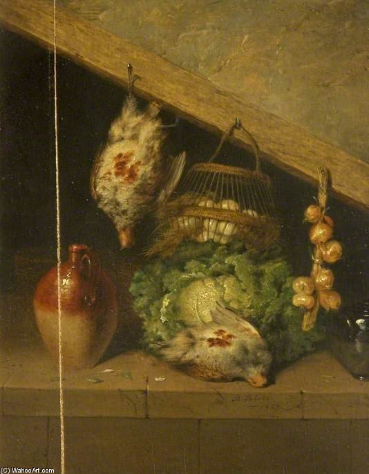 Wikioo.org – L'Enciclopedia delle Belle Arti - Pittura, Opere di Benjamin Blake - ancora vita di Un hanging uccello , un vaso e un Cavolo