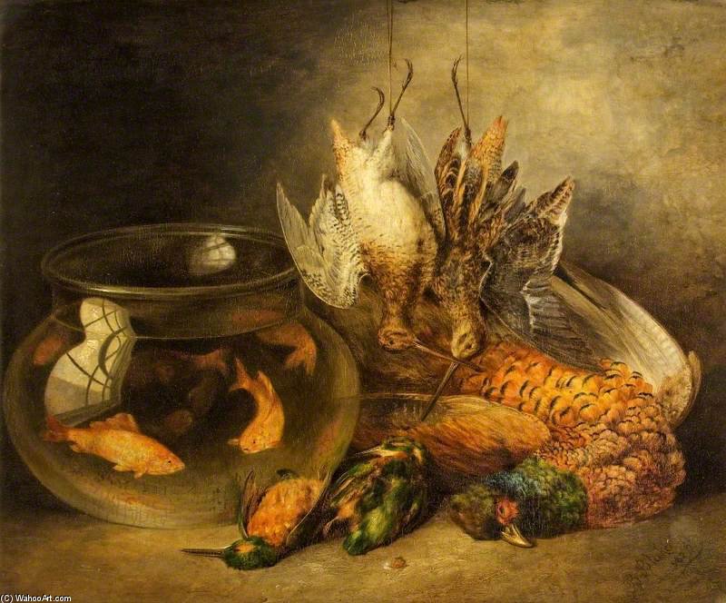 Wikioo.org - The Encyclopedia of Fine Arts - Painting, Artwork by Benjamin Blake - Still Life, Game And Hanging Snipe With Goldfish In A Bowl