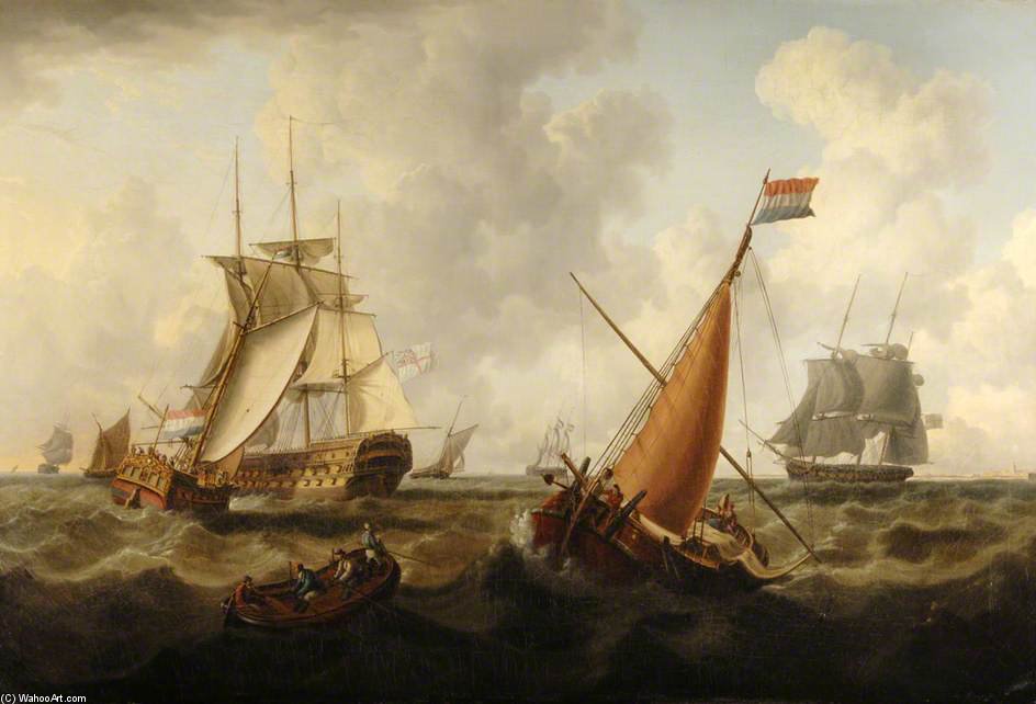 Wikioo.org - The Encyclopedia of Fine Arts - Painting, Artwork by Charles Martin Powell - Dutch And British Men O' War Off The Coast, Dutch Boat In The Foreground