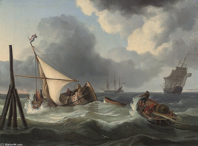 Wikioo.org - The Encyclopedia of Fine Arts - Painting, Artwork by Charles Martin Powell - Fishermen Wrestling With The Swell At High Tide, Off The Mouth Of The Scheldt